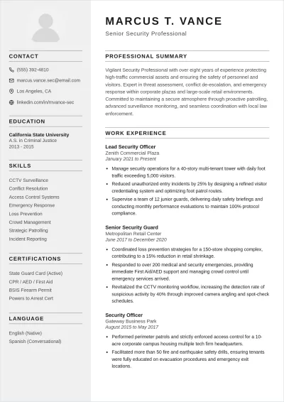 Free Experienced Security Guard ATS Resume Template, AI Resume Builder