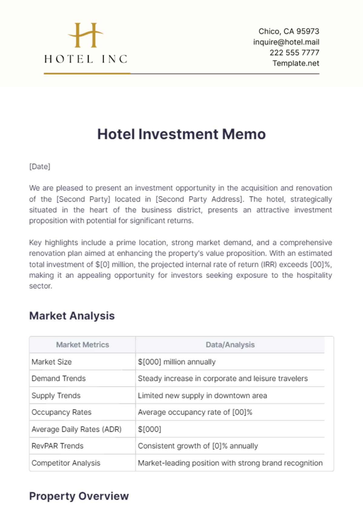 Hotel Investment Memo Template - Edit Online & Download