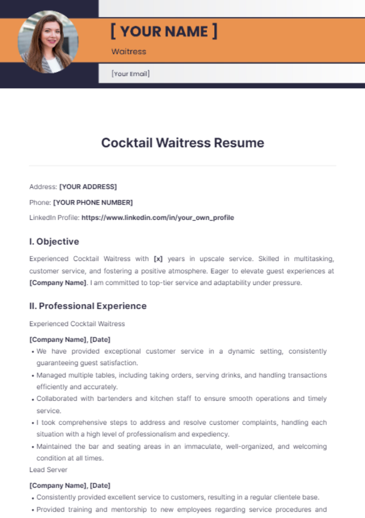 Cocktail Waitress Resume - Edit Online & Download