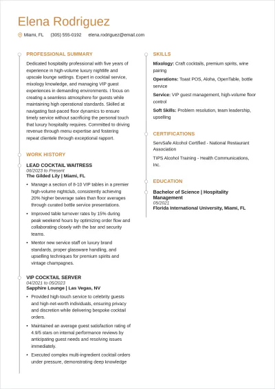 Free Cocktail Waitress ATS Resume Template, AI Resume Builder