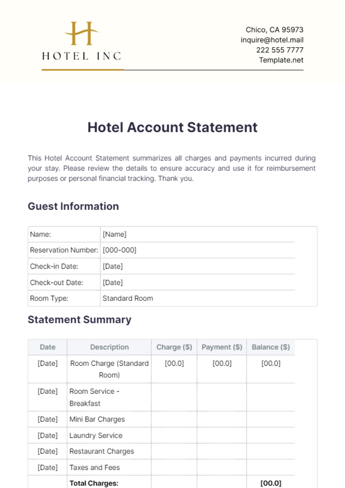 Hotel Account Statement Template - Edit Online & Download