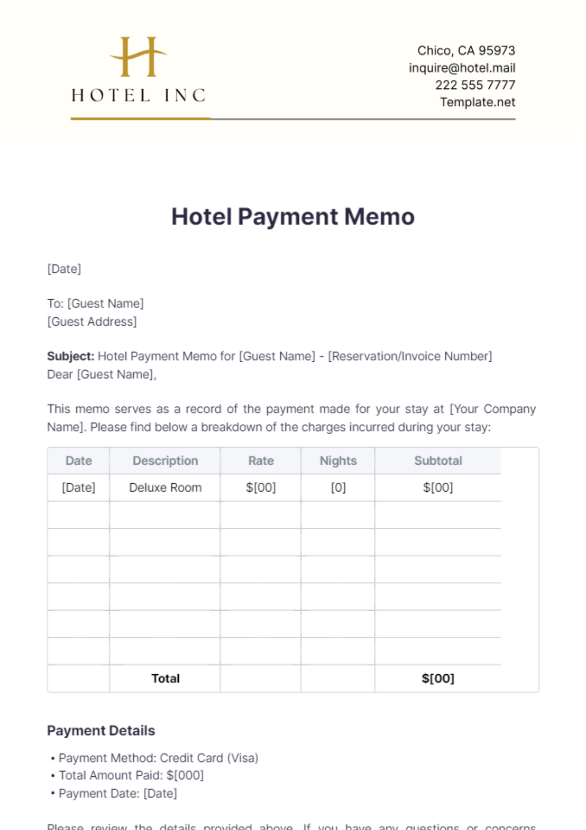 Hotel Payment Memo Template - Edit Online & Download