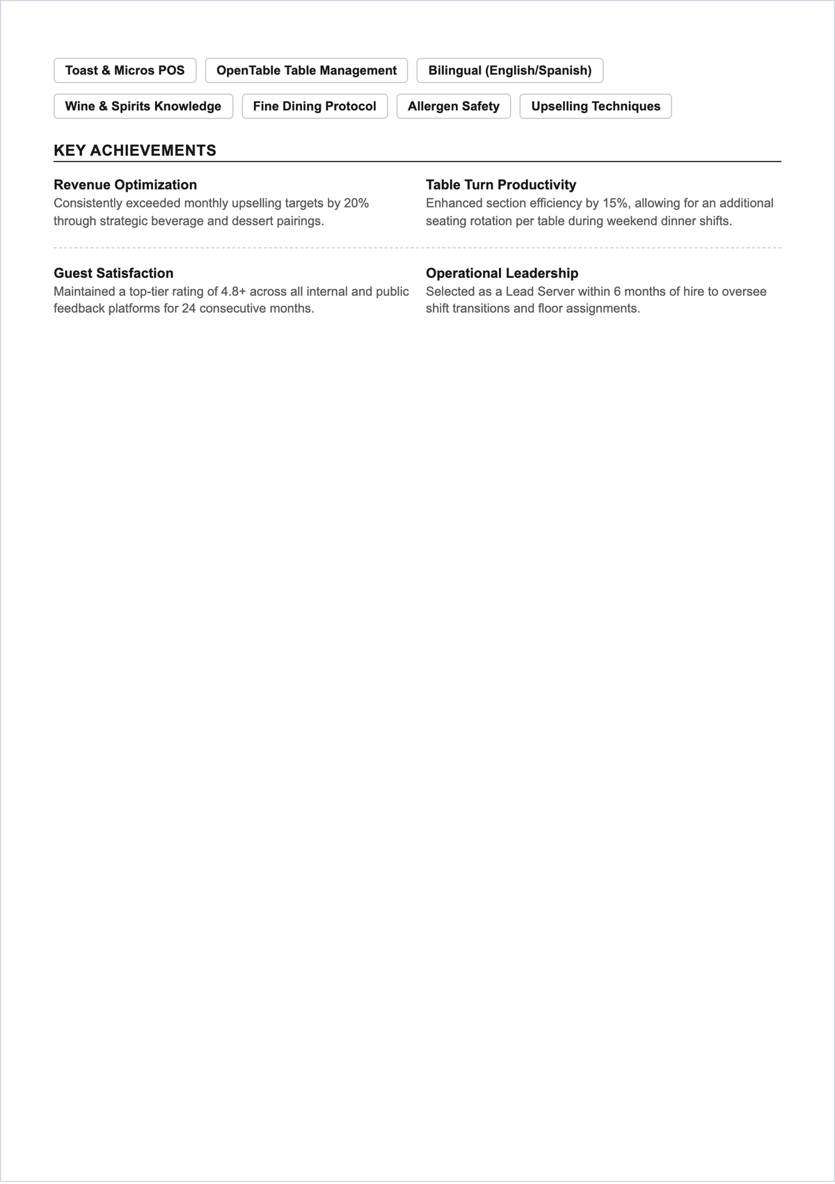 Free Hostess Waitress ATS Resume Template, AI Resume Builder