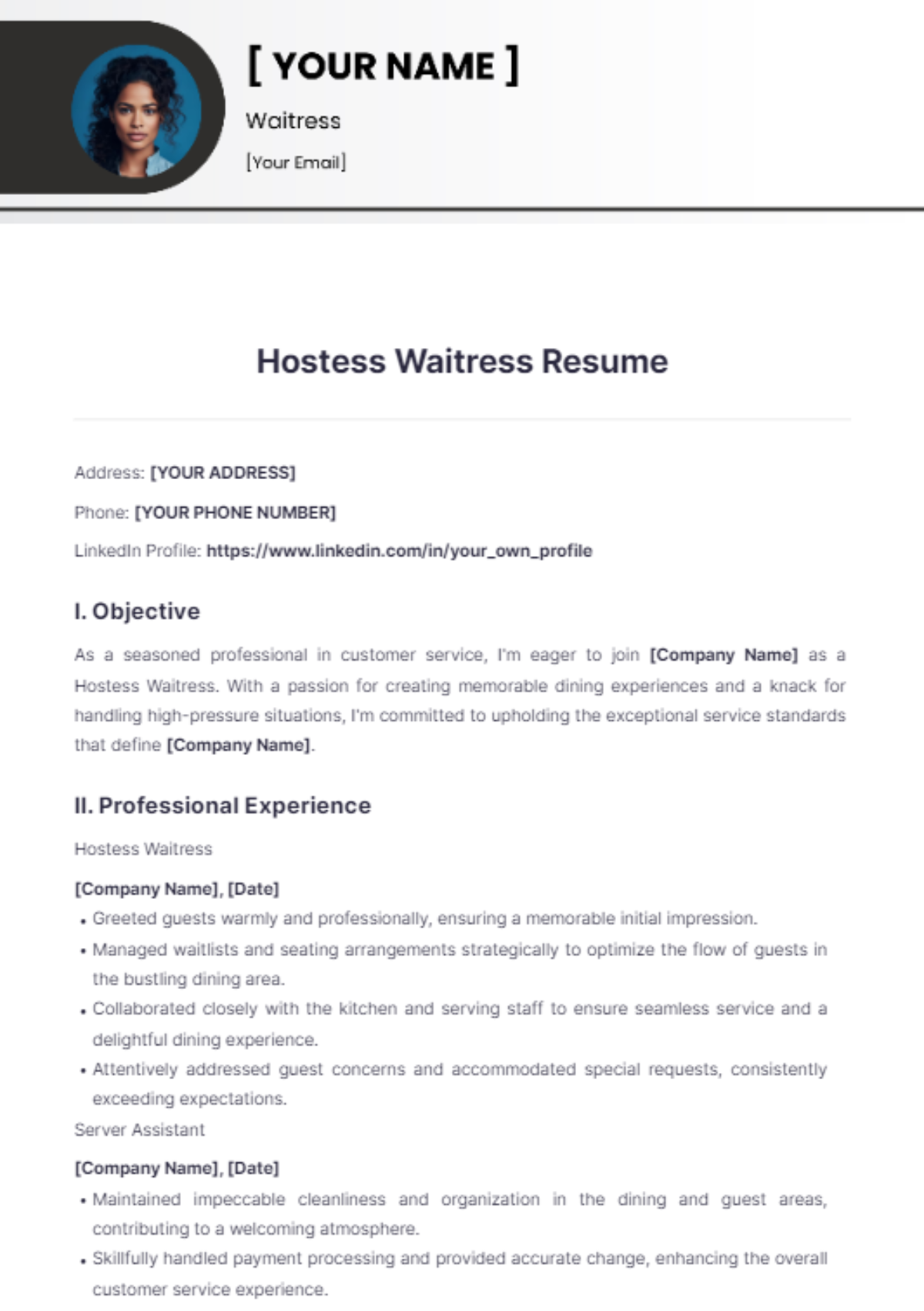 Hostess Waitress Resume - Edit Online & Download