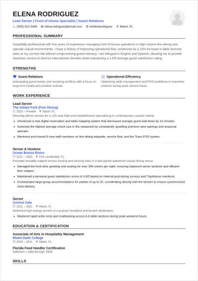 Free Hostess Waitress ATS Resume Template, AI Resume Builder