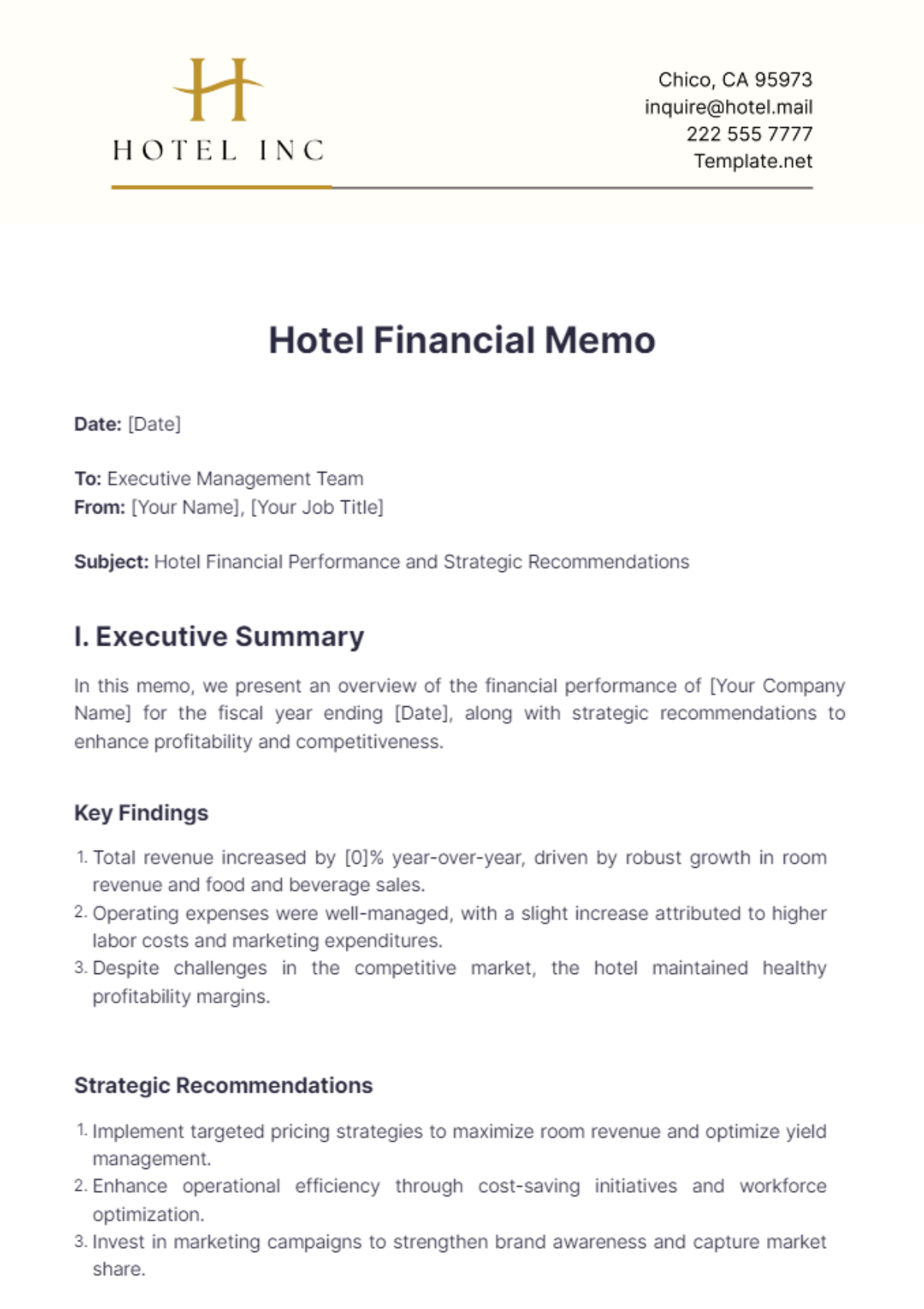 Hotel Financial Memo Template - Edit Online & Download