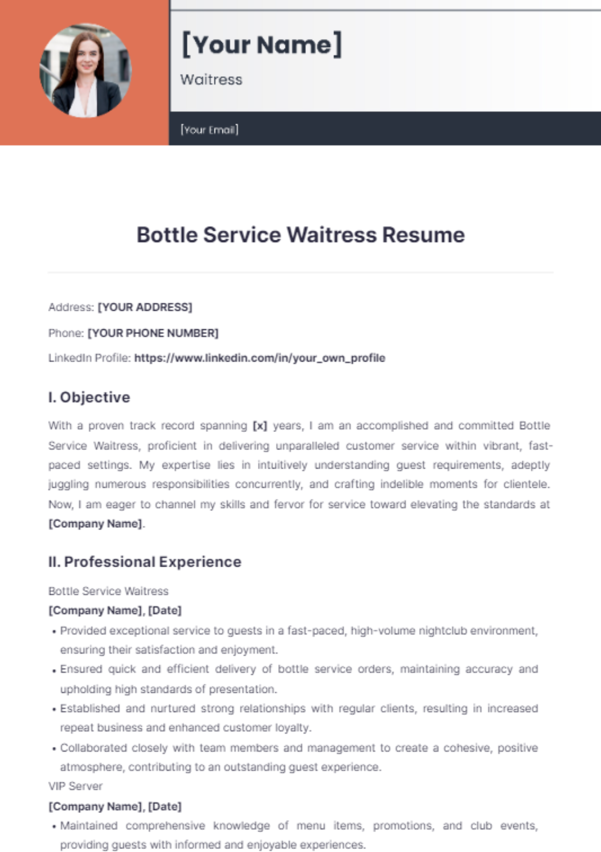 Bottle Service Waitress Resume - Edit Online & Download