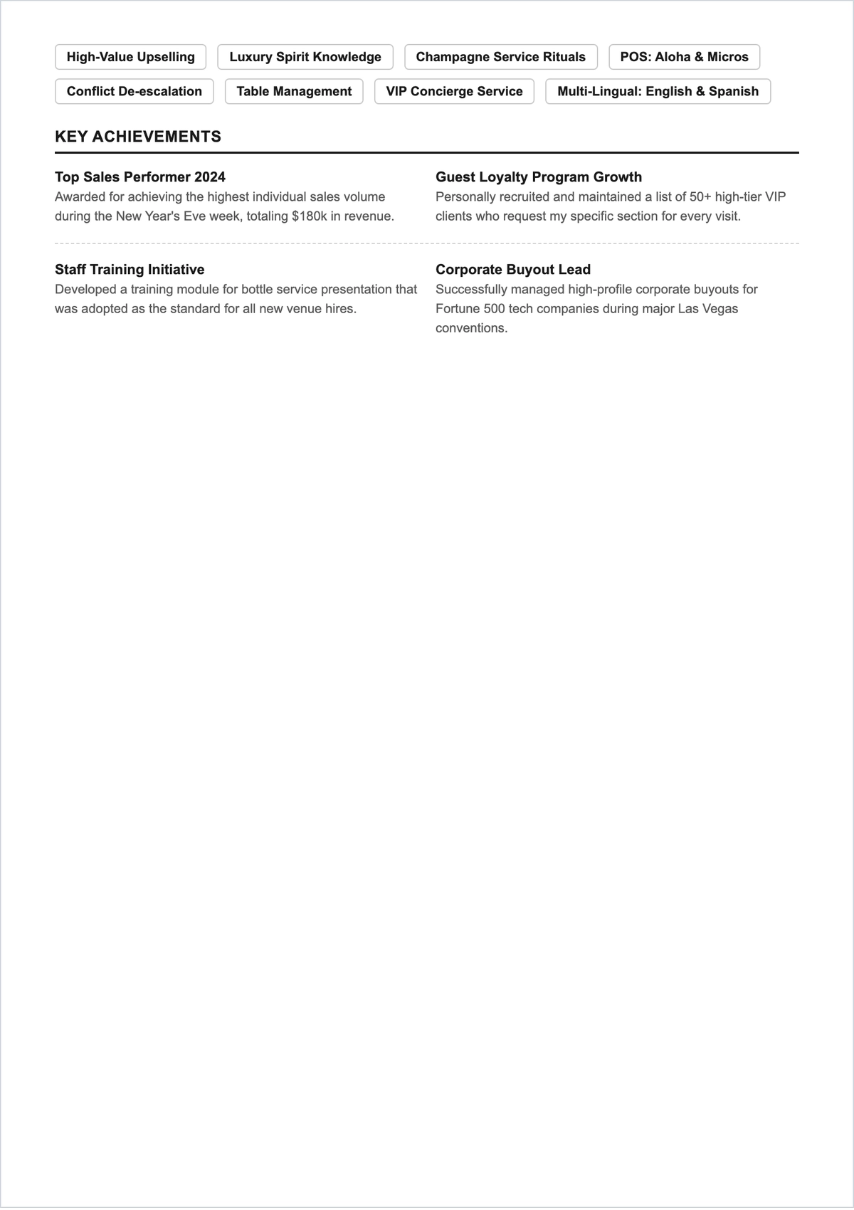 Free Bottle Service Waitress ATS Resume Template, AI Resume Builder