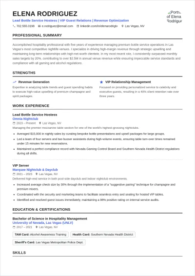 Free Bottle Service Waitress ATS Resume Template, AI Resume Builder