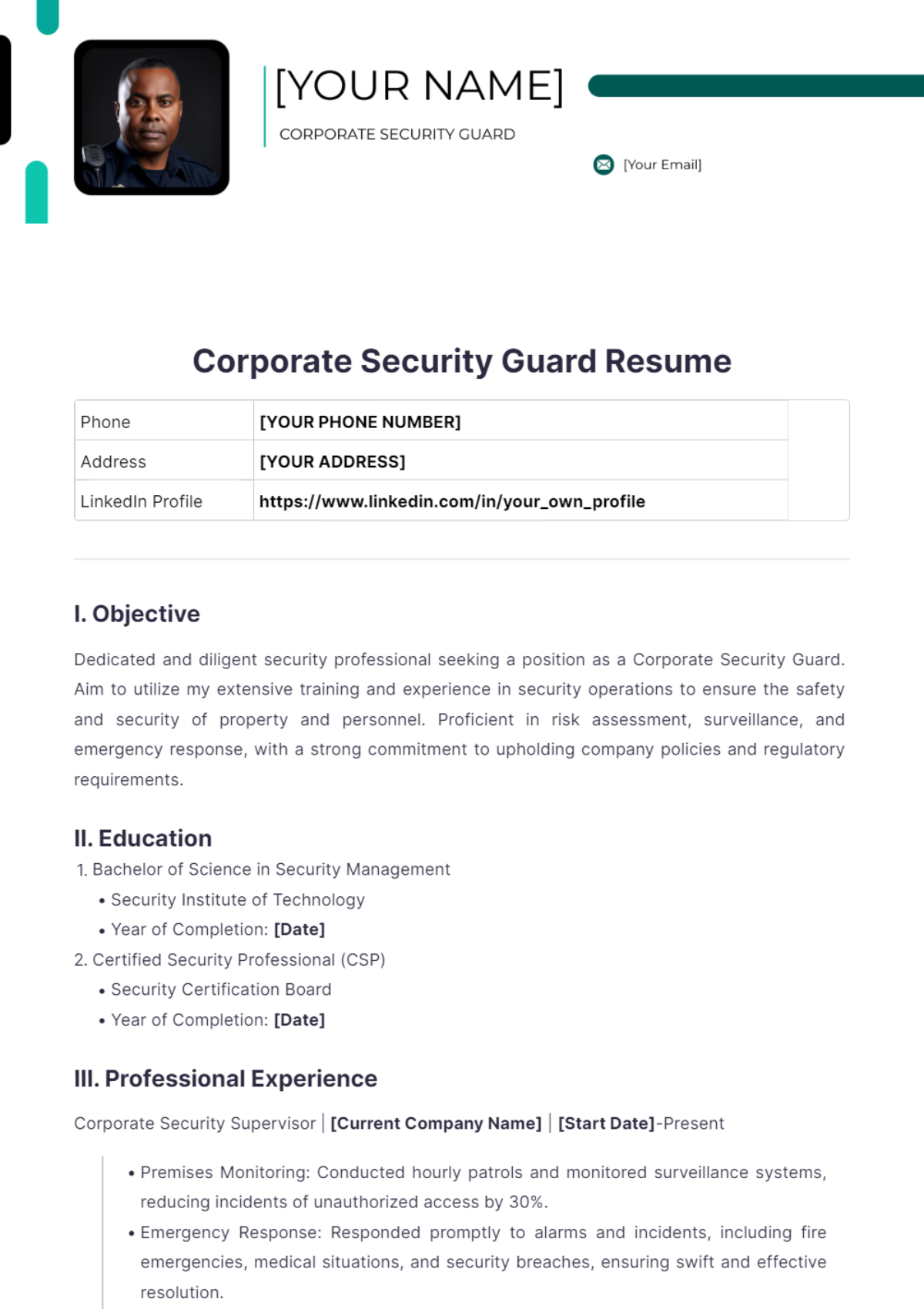 Corporate Security Guard Resume - Edit Online & Download