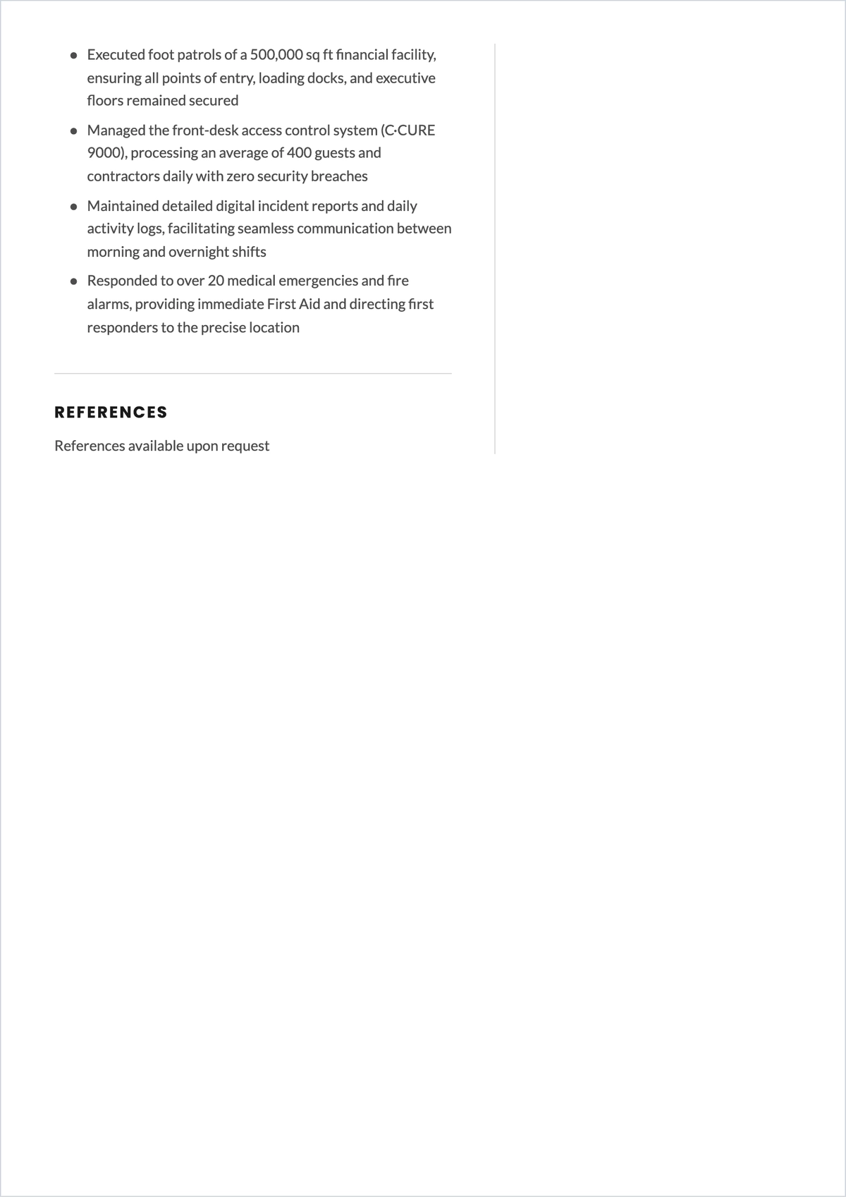 Free Corporate Security Guard ATS Resume Template, AI Resume Builder