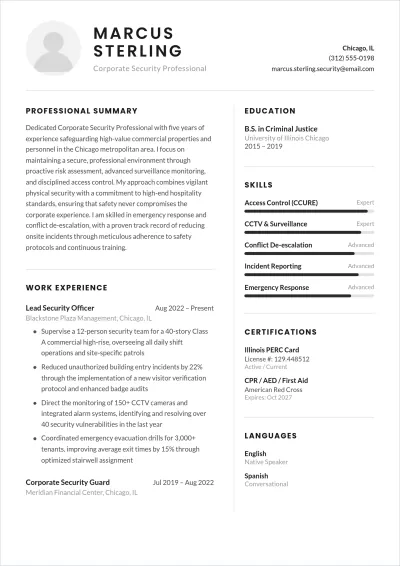 Free Corporate Security Guard ATS Resume Template, AI Resume Builder