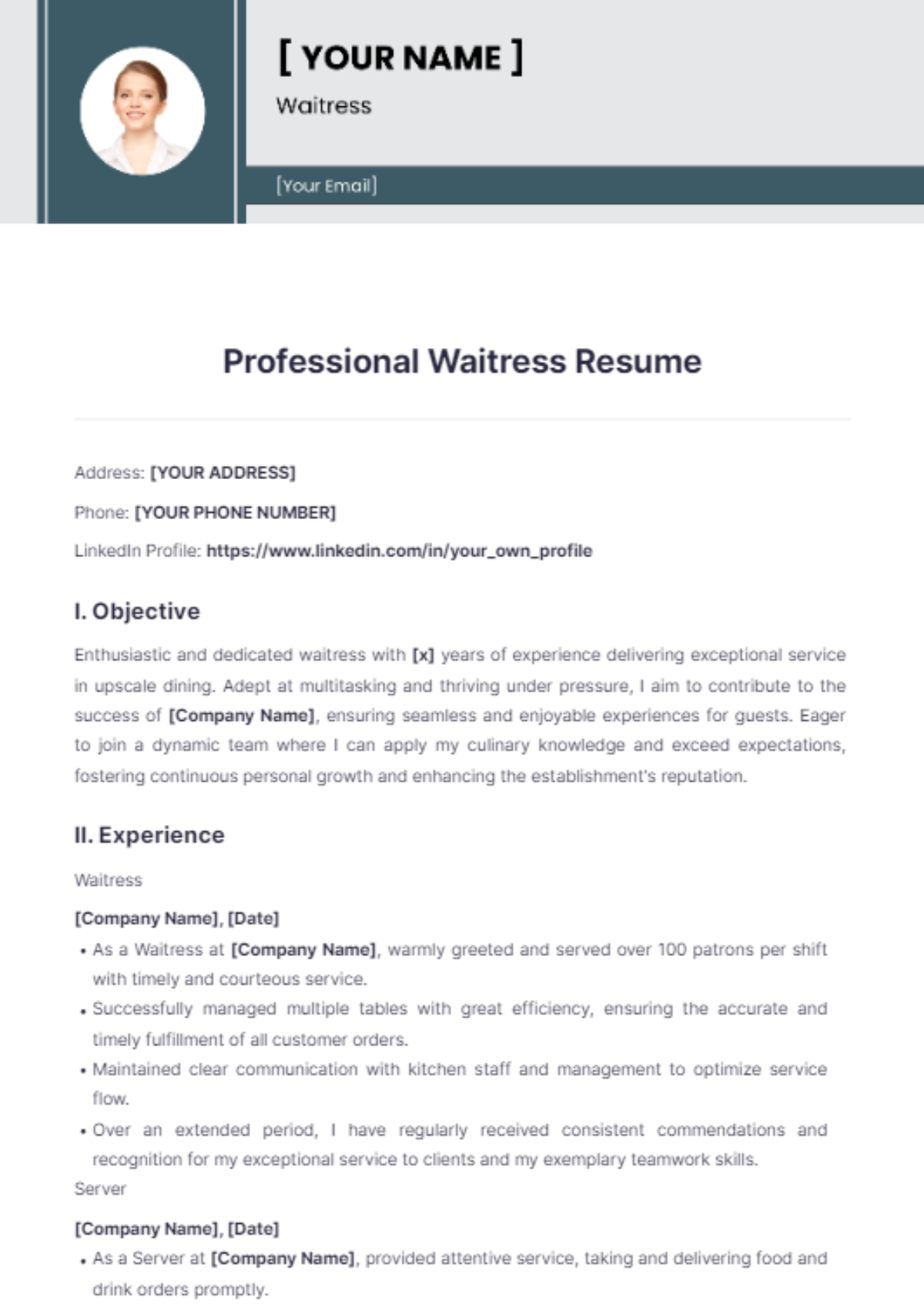 Professional Waitress Resume - Edit Online & Download