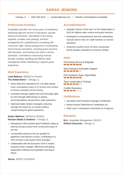 Free Professional Waitress ATS Resume Template, AI Resume Builder