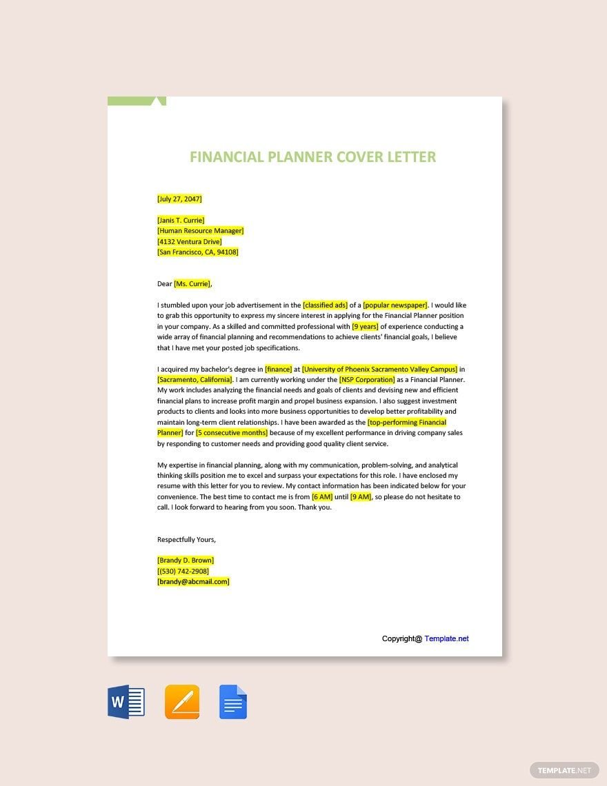 Financial Planner Cover Letter