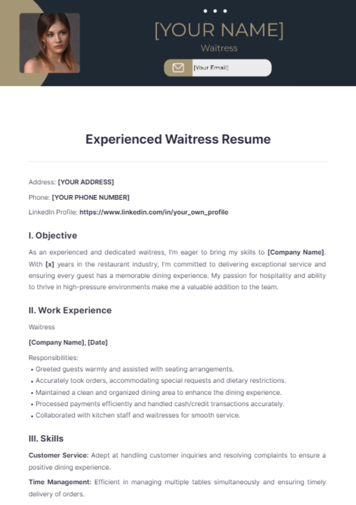 Experienced Waitress Resume - Edit Online & Download