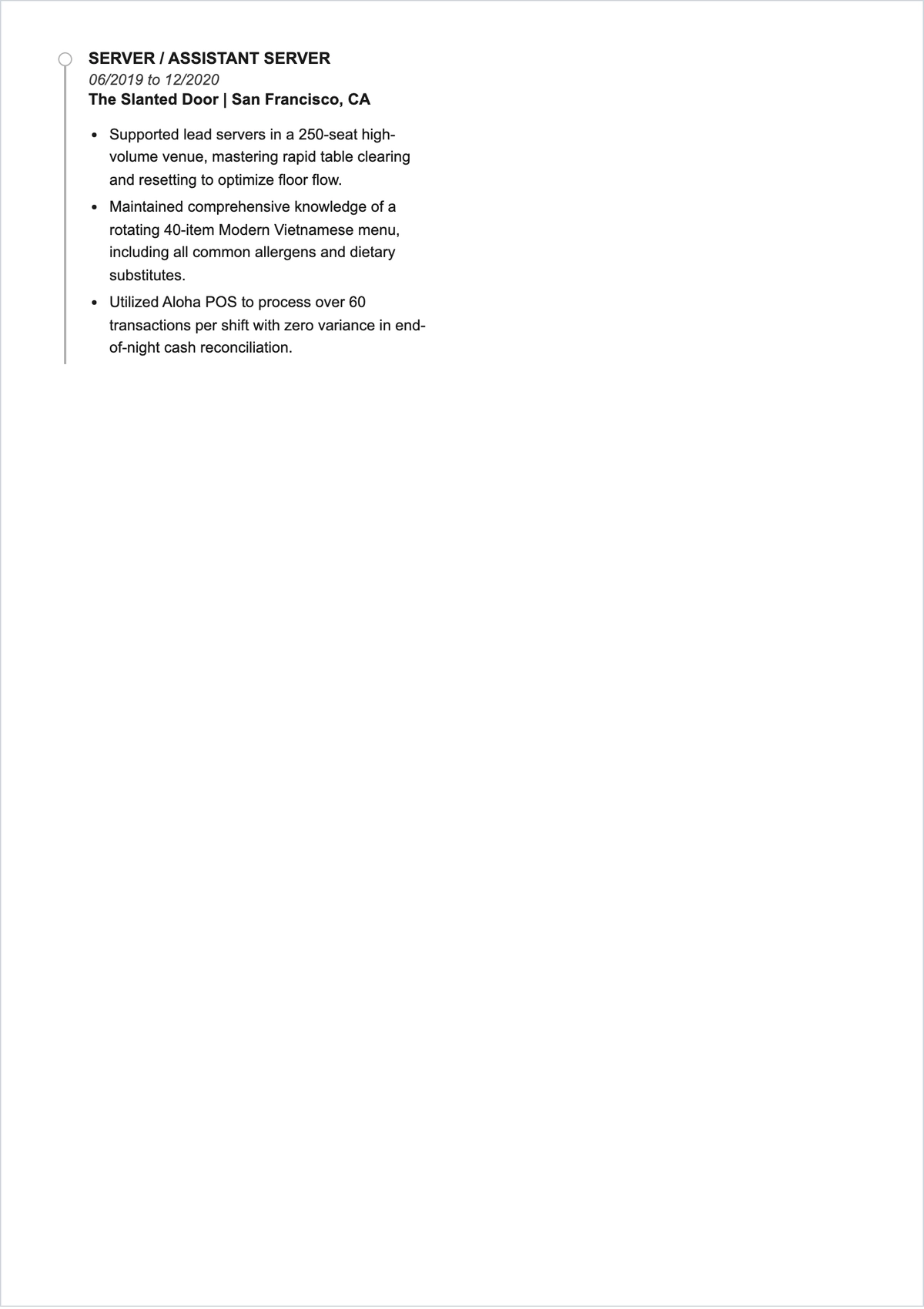 Free Experienced Waitress ATS Resume Template, AI Resume Builder