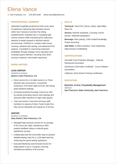 Free Experienced Waitress ATS Resume Template, AI Resume Builder