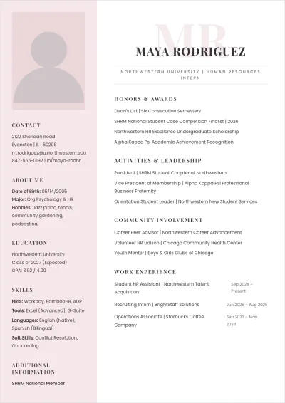 Free Human Resources Intern ATS Resume Template, AI Resume Builder