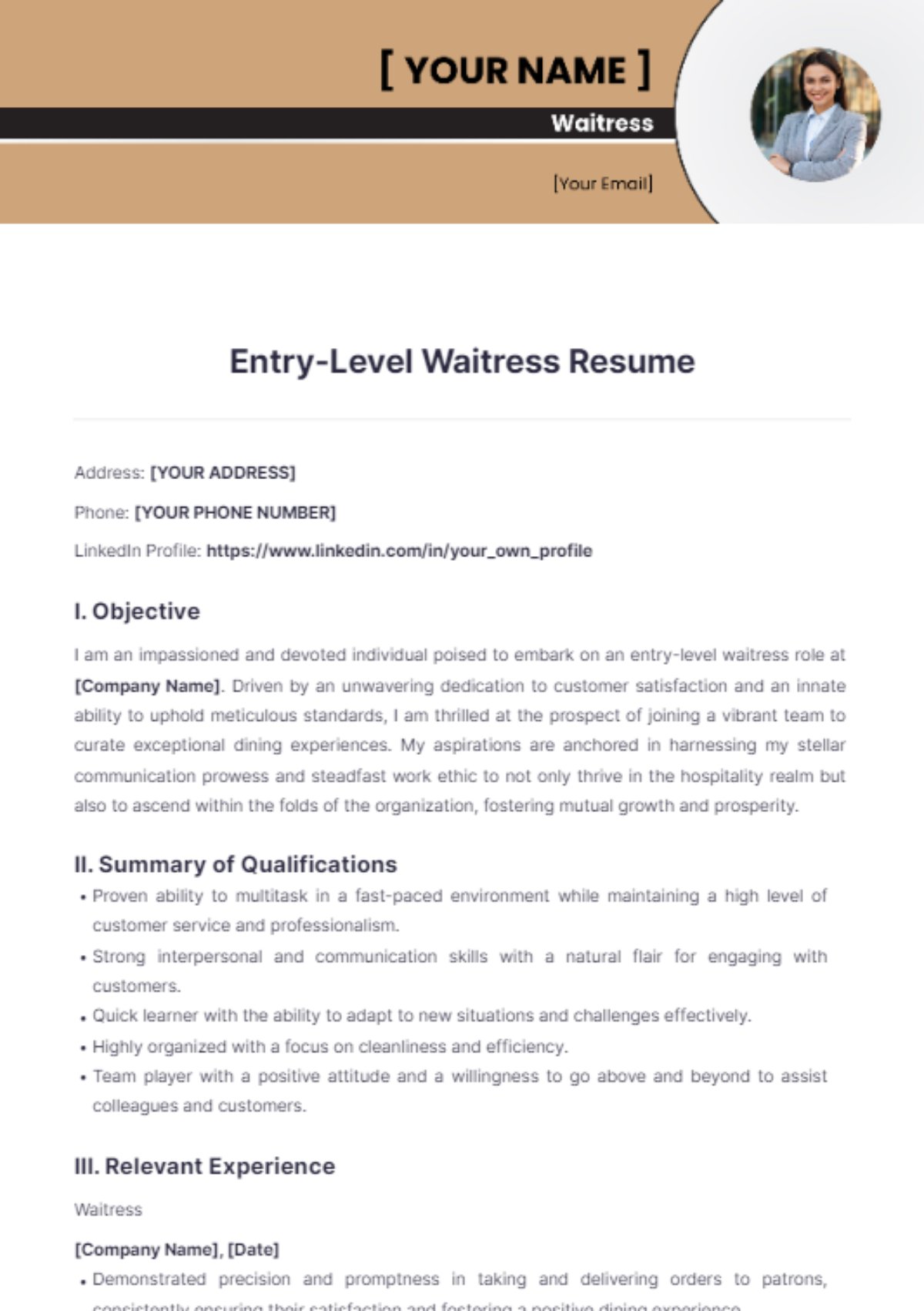 Entry-Level Waitress Resume - Edit Online & Download