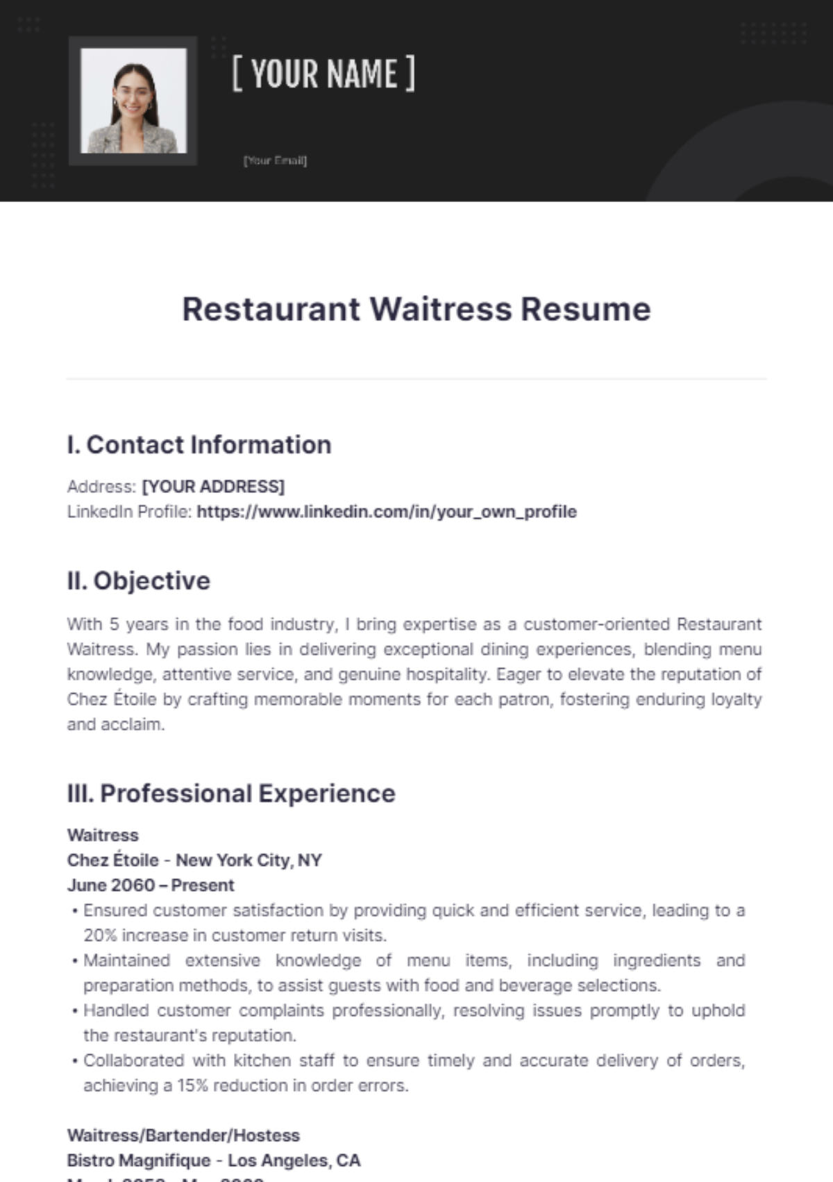 Waitress Resume Templates - Edit Online & Download | Template.net