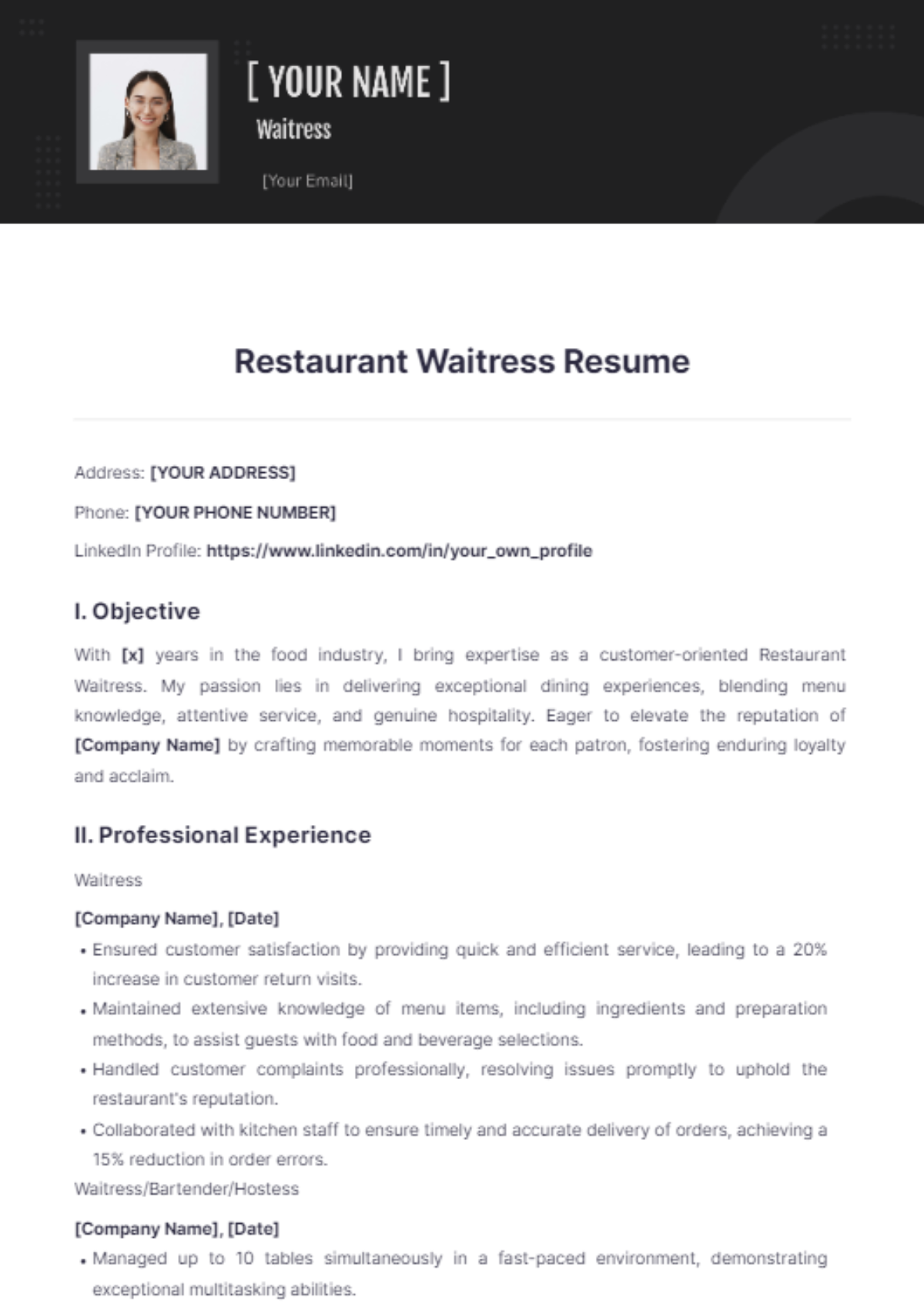 Restaurant Waitress Resume - Edit Online & Download