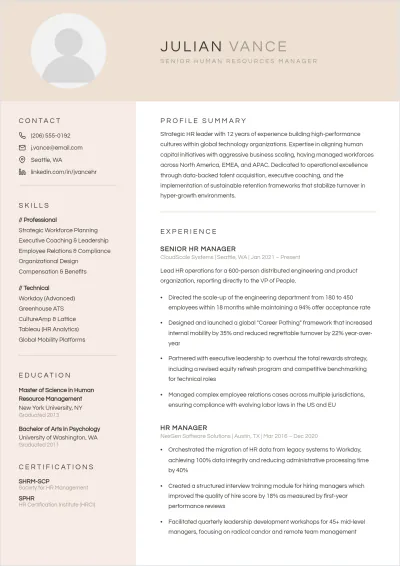 Free Senior HR Manager ATS Resume Template, AI Resume Builder