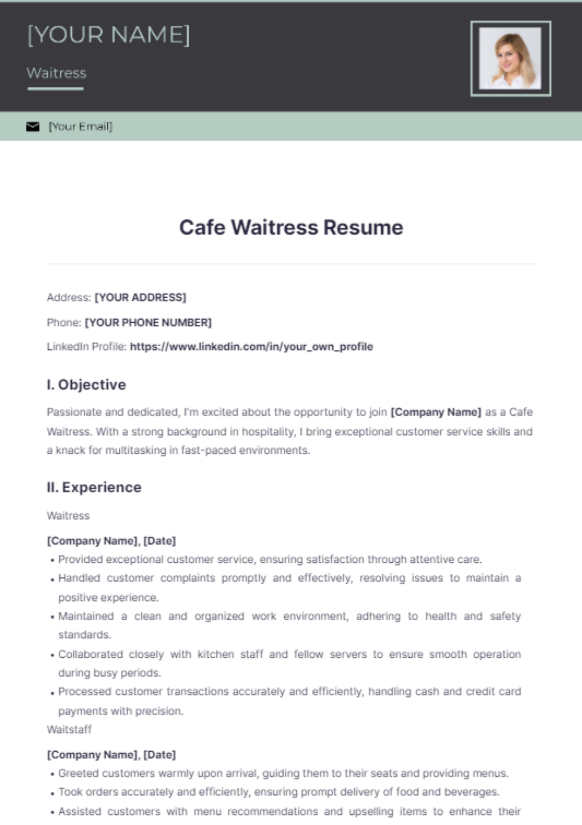 Free Cafe Waitress Resume Template - Edit Online & Download | Template.net