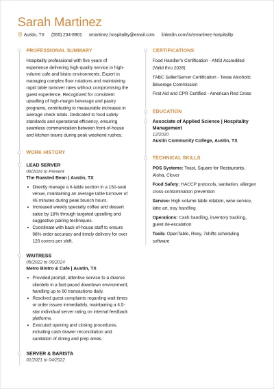Free Cafe Waitress ATS Resume Template, AI Resume Builder