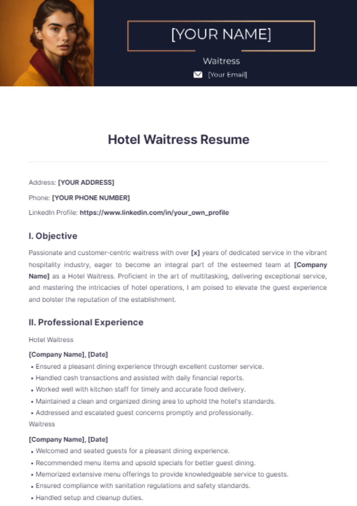 Hotel Waitress Resume - Edit Online & Download