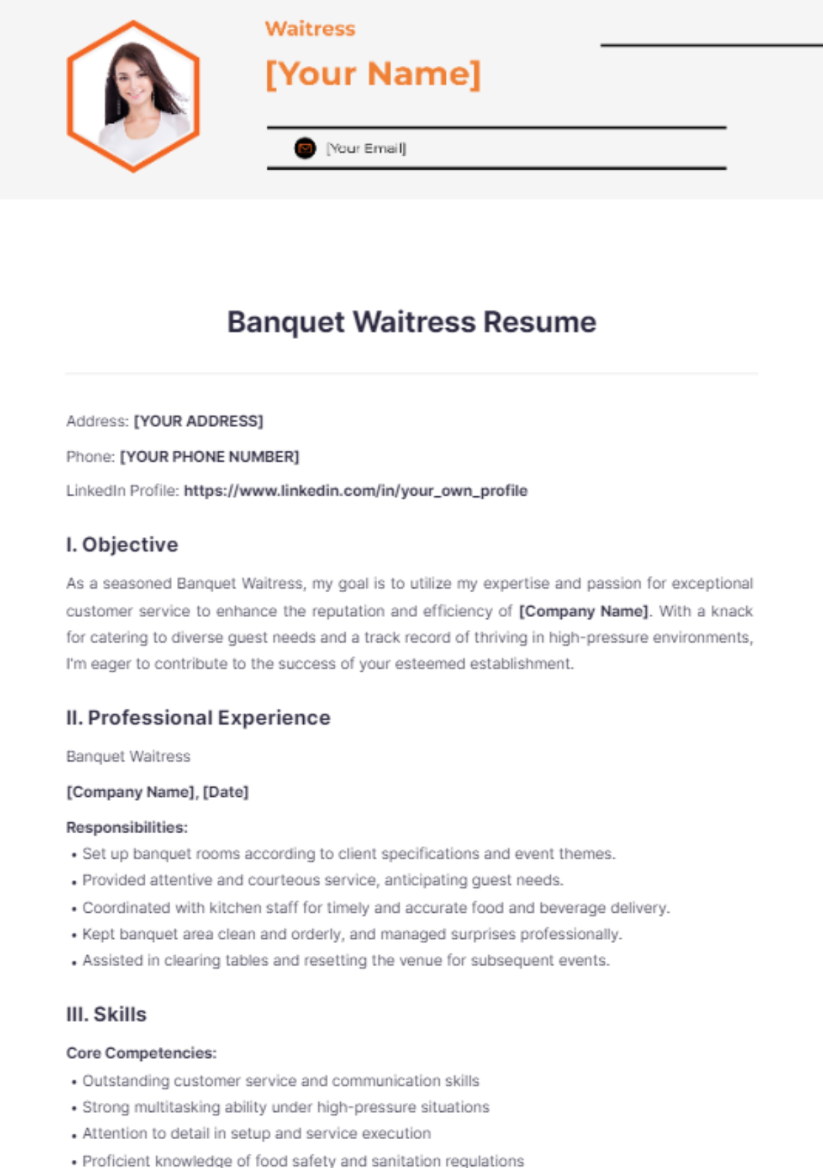 Banquet Waitress Resume - Edit Online & Download