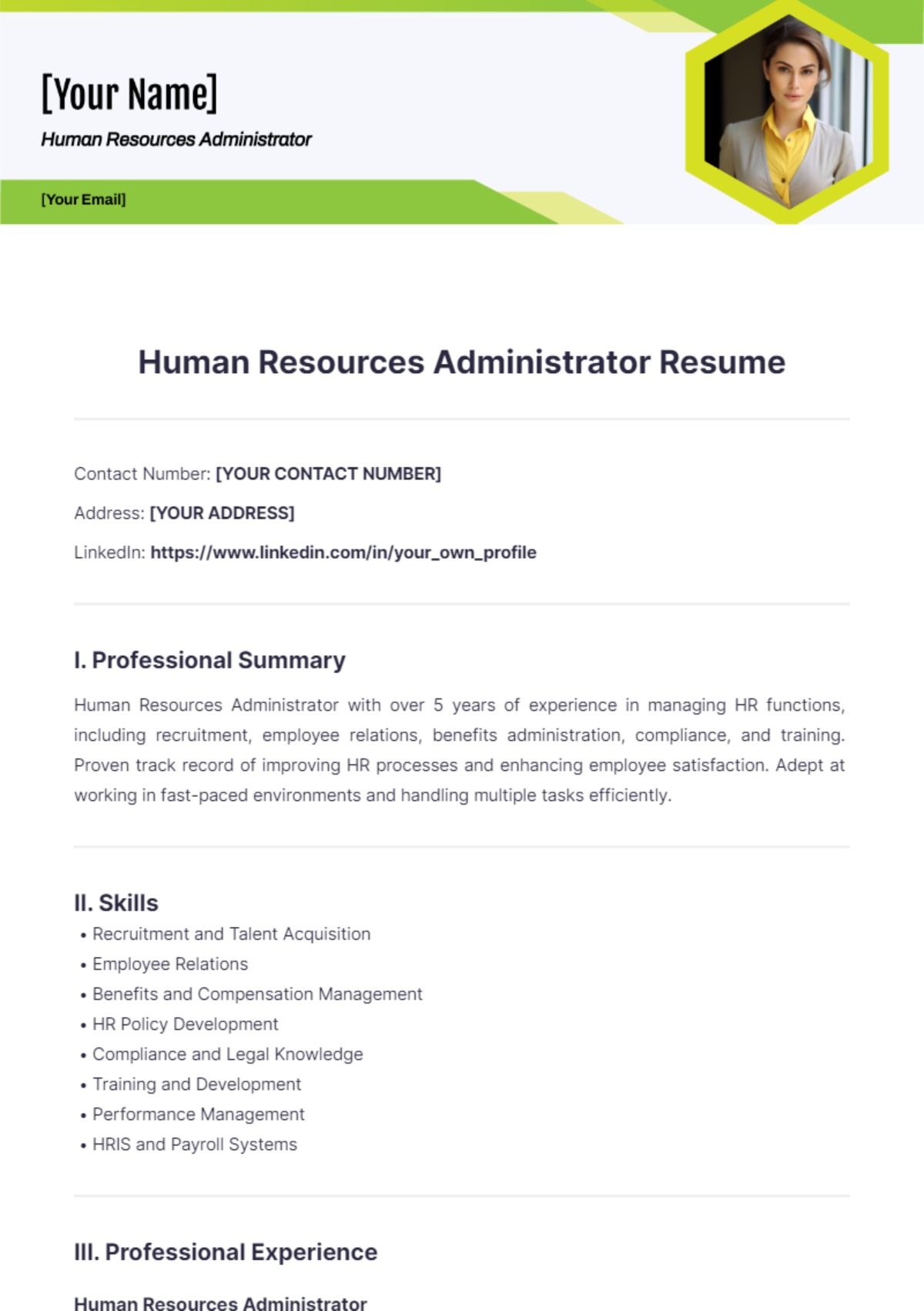 Human Resources Administrator Resume - Edit Online & Download