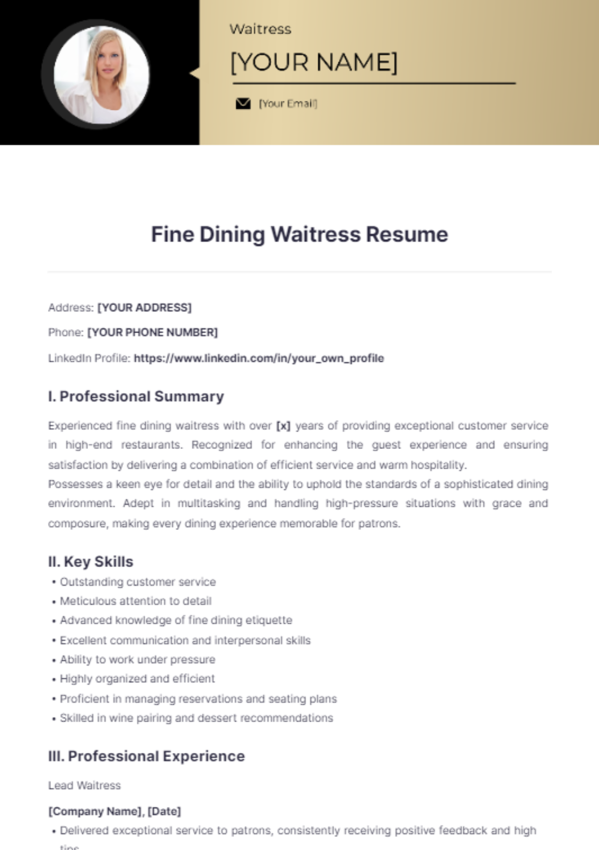 Fine Dining Waitress Resume - Edit Online & Download Example | Template.net