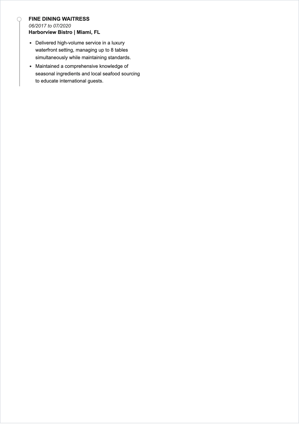 Free Fine Dining Waitress ATS Resume Template, AI Resume Builder