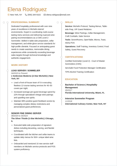 Free Fine Dining Waitress ATS Resume Template, AI Resume Builder