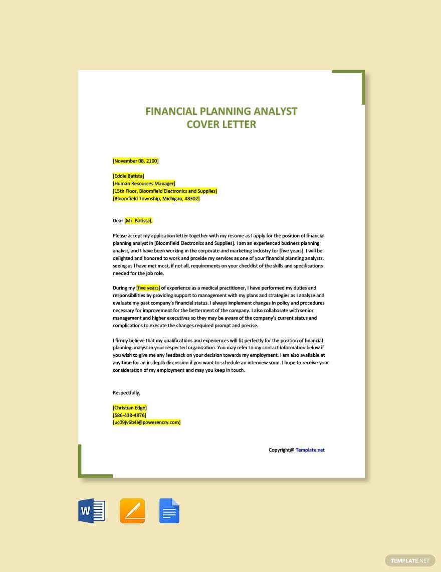 Free Financial Planning Analyst Cover Letter Template