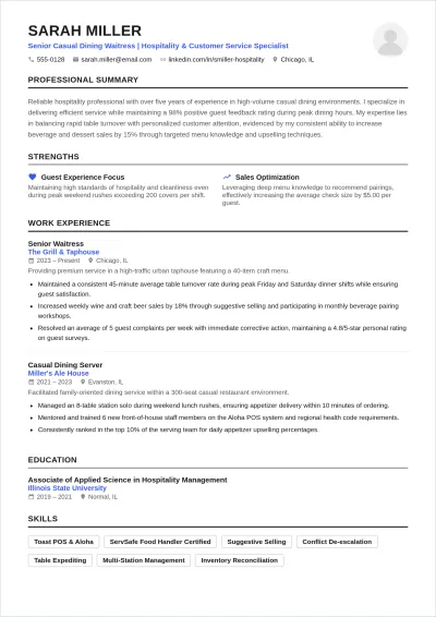 Free Casual Dining Waitress ATS Resume Template, AI Resume Builder