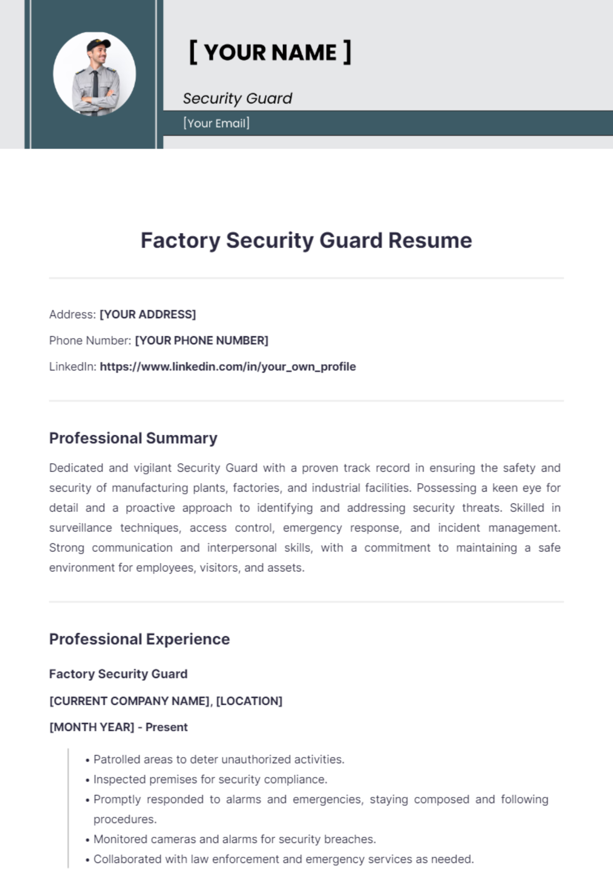 Factory Security Guard Resume - Edit Online & Download