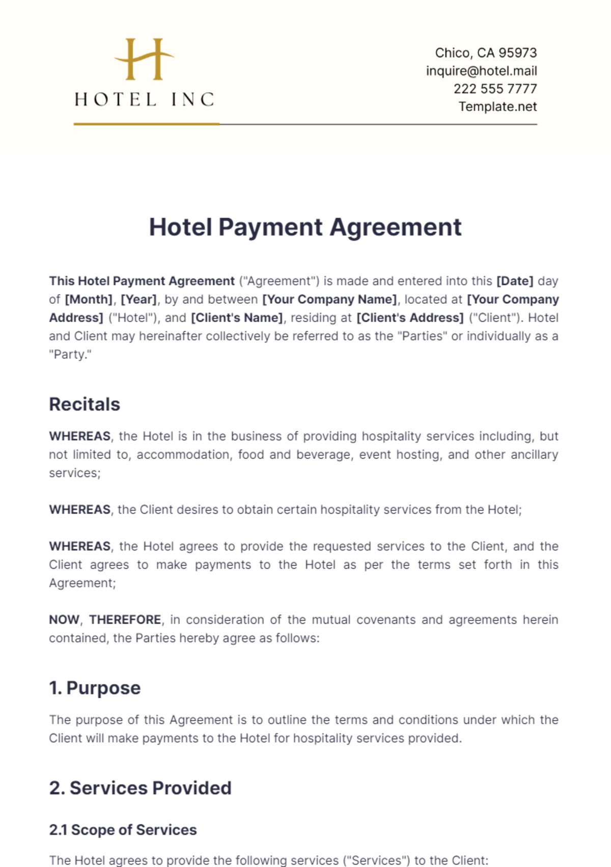 Hotel Payment Agreement Template - Edit Online & Download