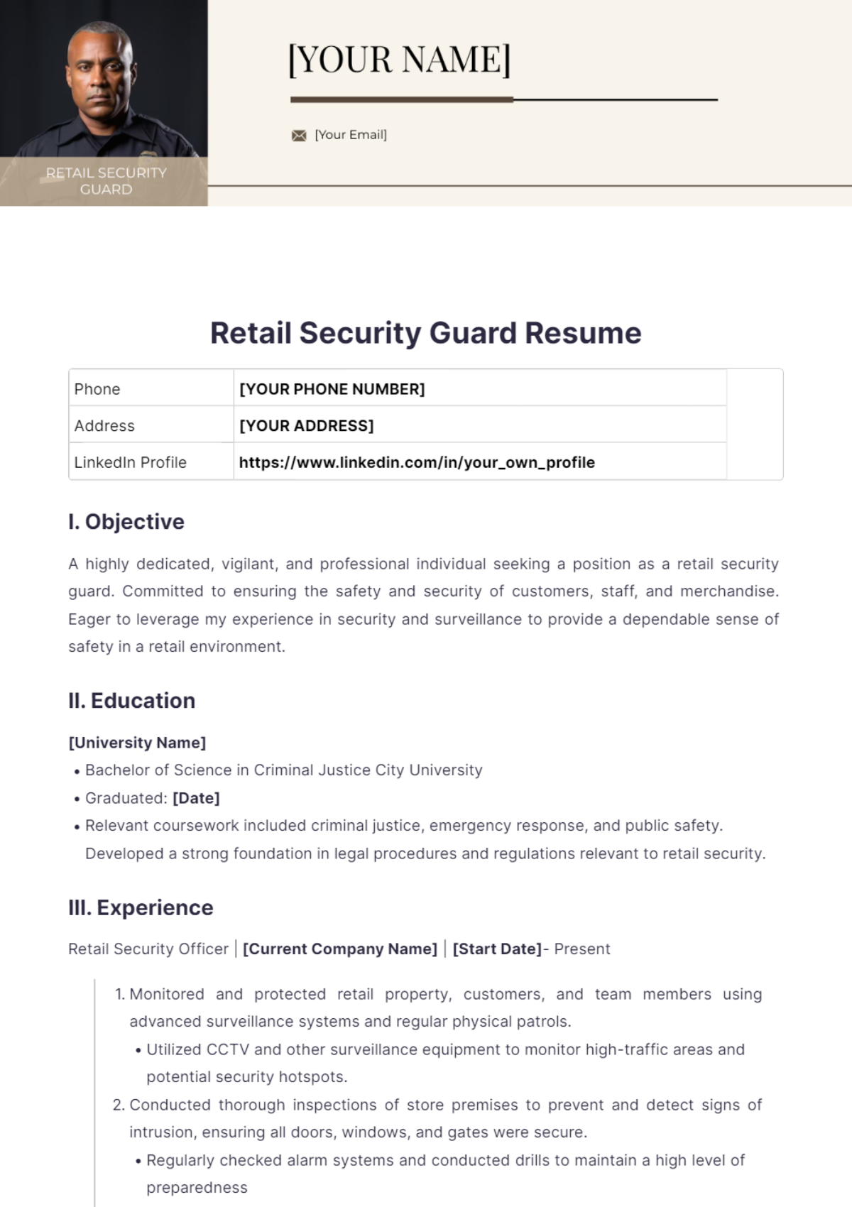 Retail Security Guard Resume - Edit Online & Download