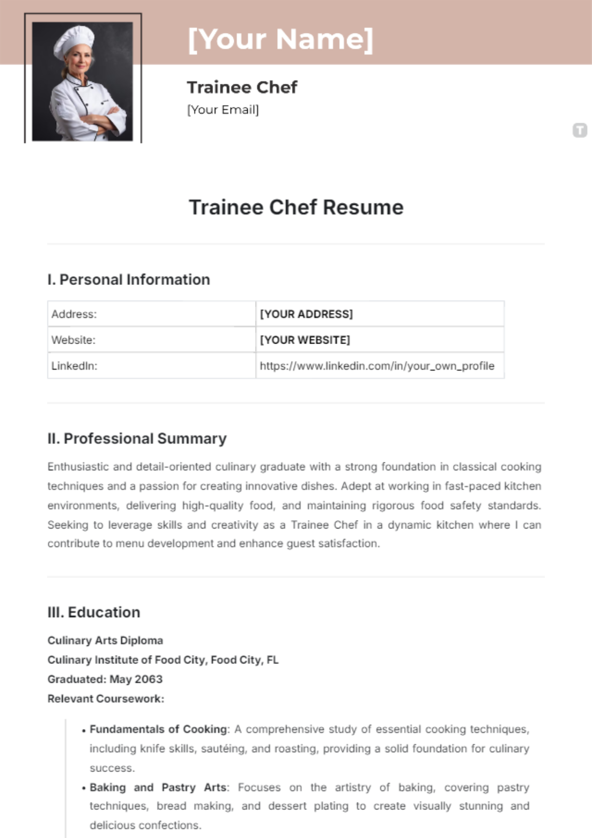 Trainee Chef Resume Template