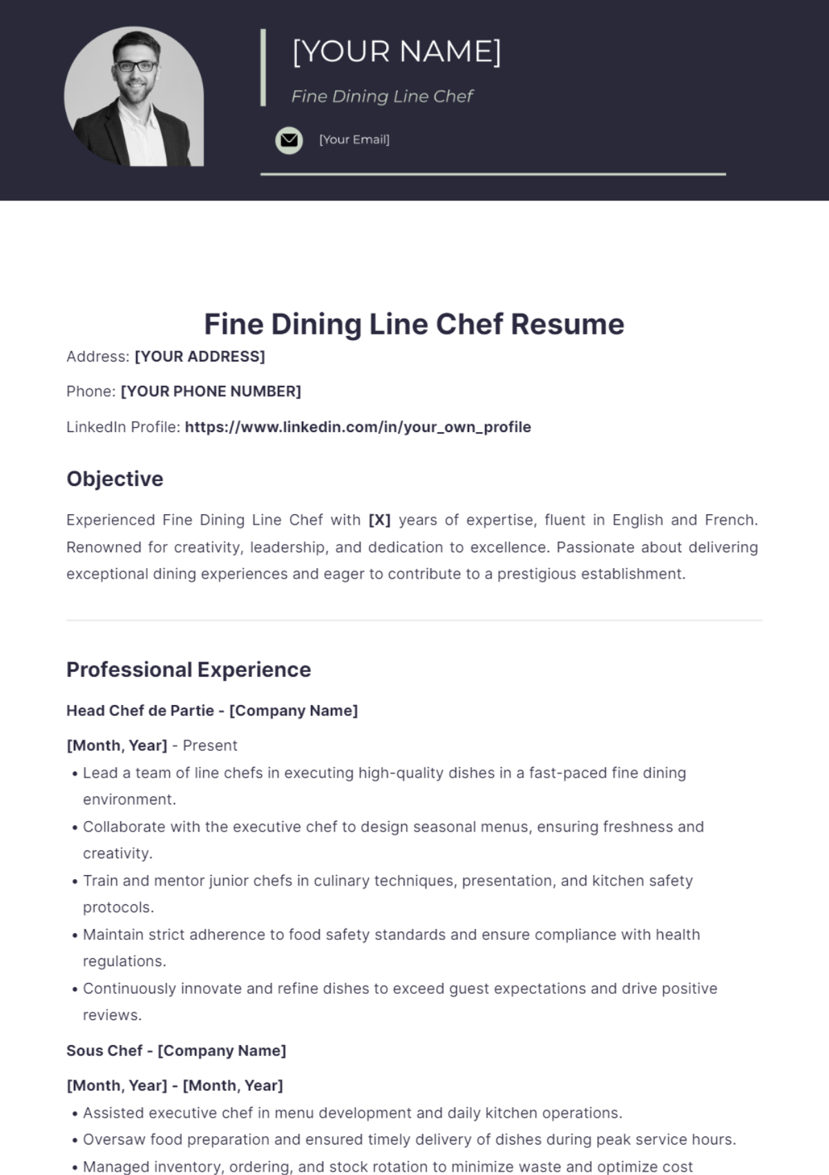 Free Fine Dining Line Chef Resume Template - Edit Online & Download ...