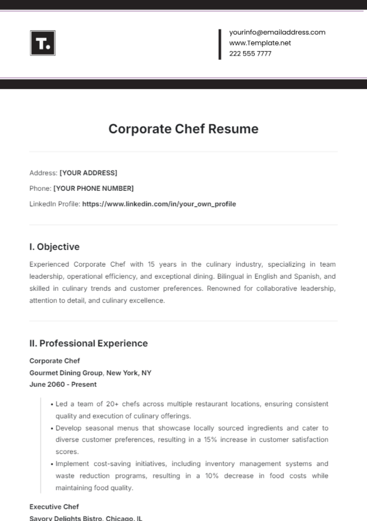 Corporate Chef Resume Template