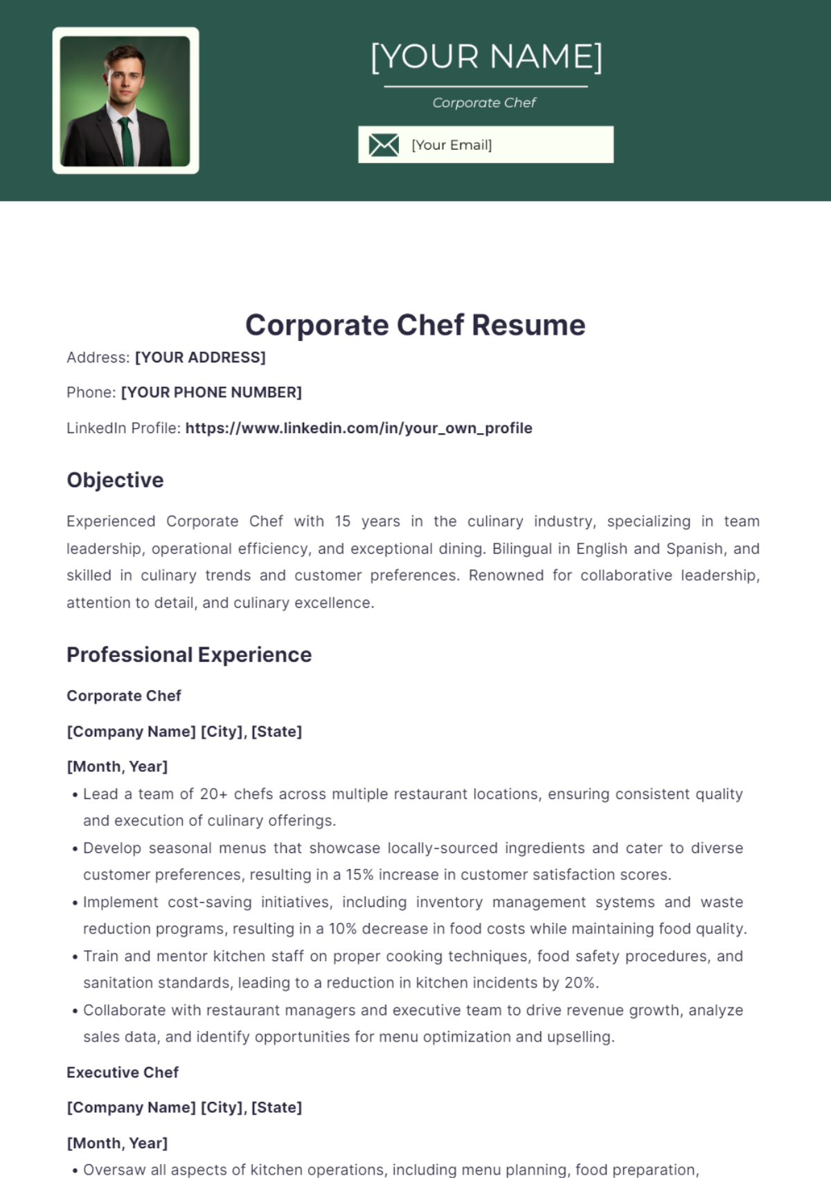 Corporate Chef Resume - Edit Online & Download