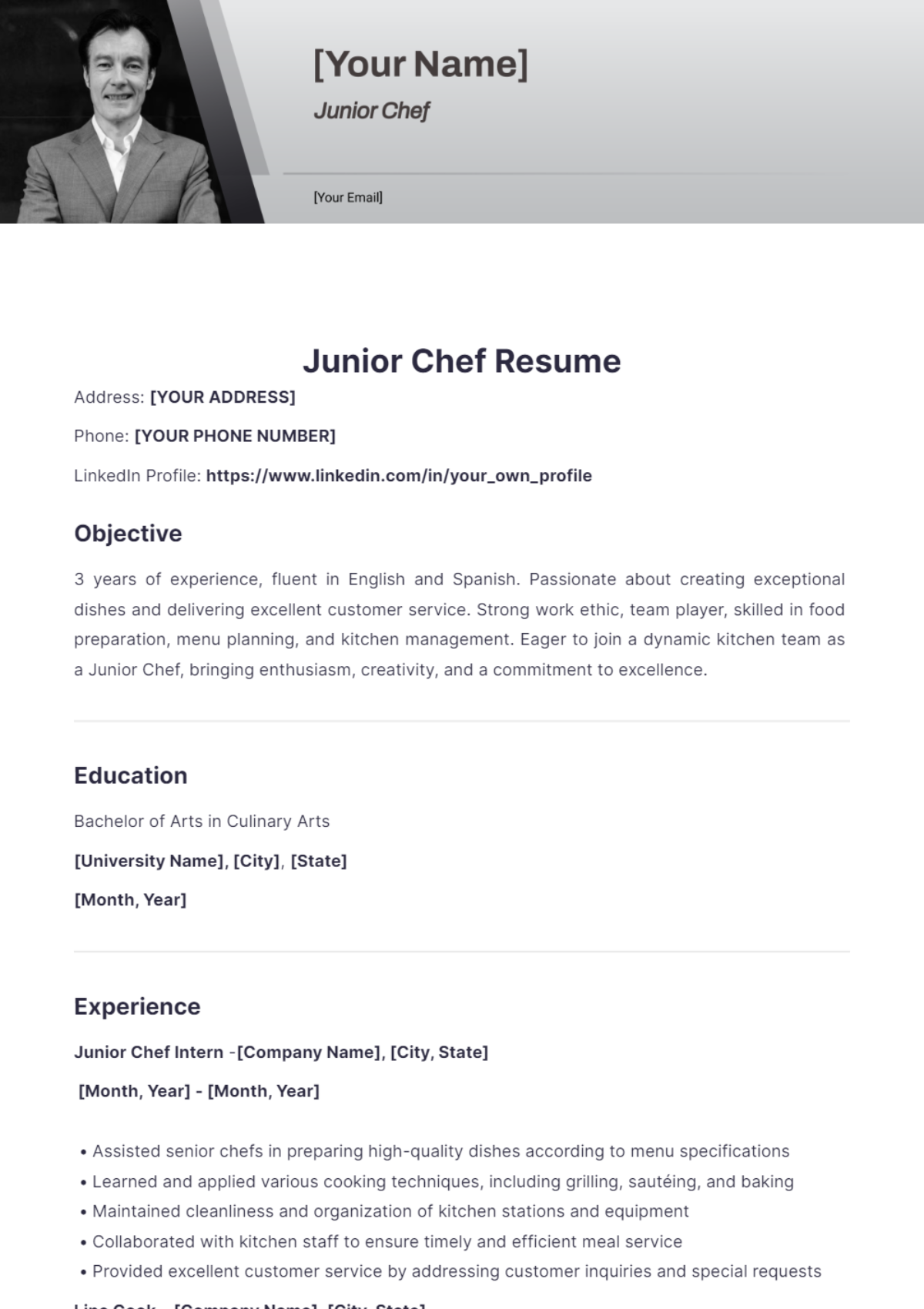 Junior Chef Resume - Edit Online & Download