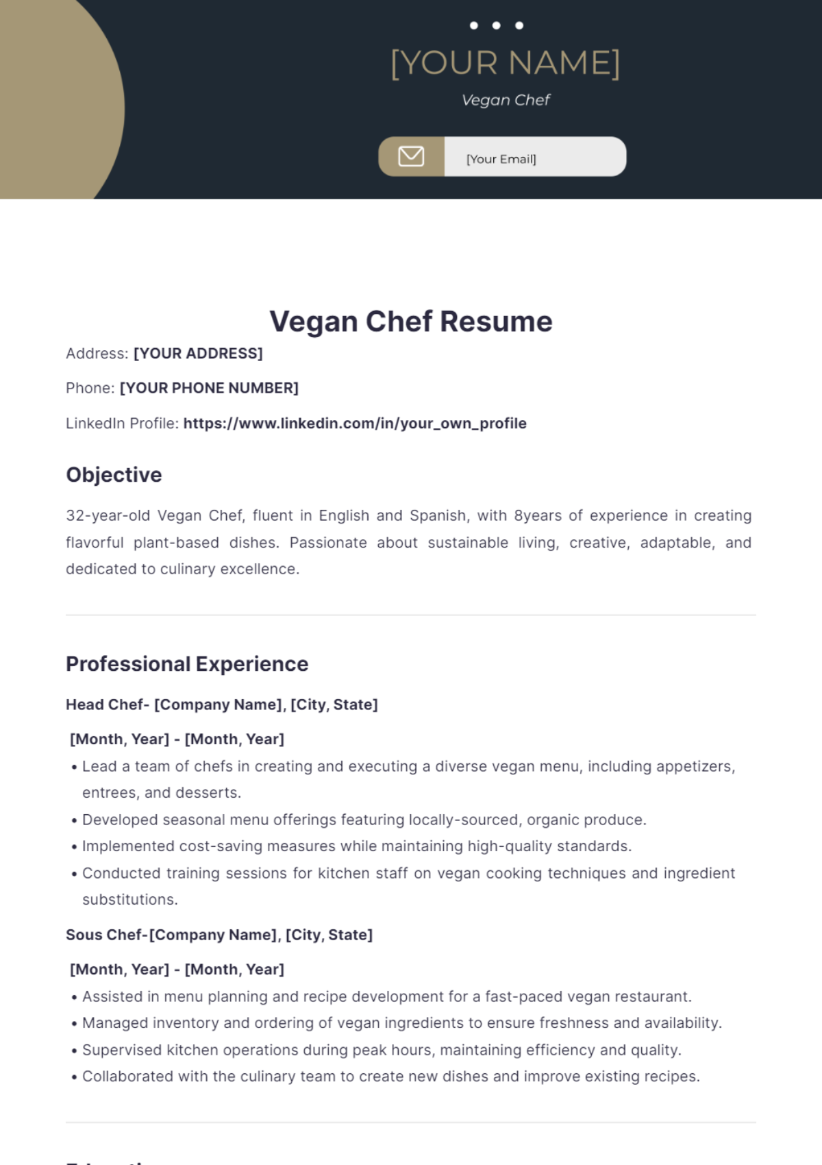 Vegan Chef Resume - Edit Online & Download