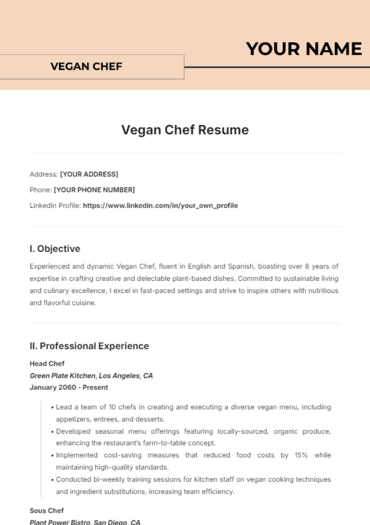 Vegan Chef Resume Template