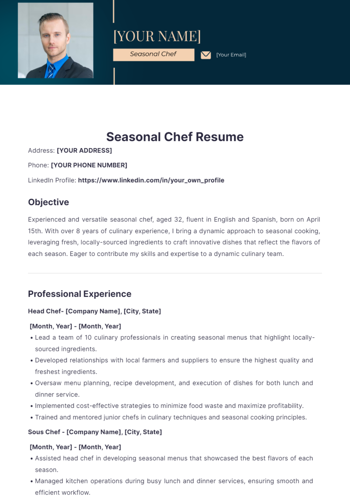 Seasonal Chef Resume - Edit Online & Download