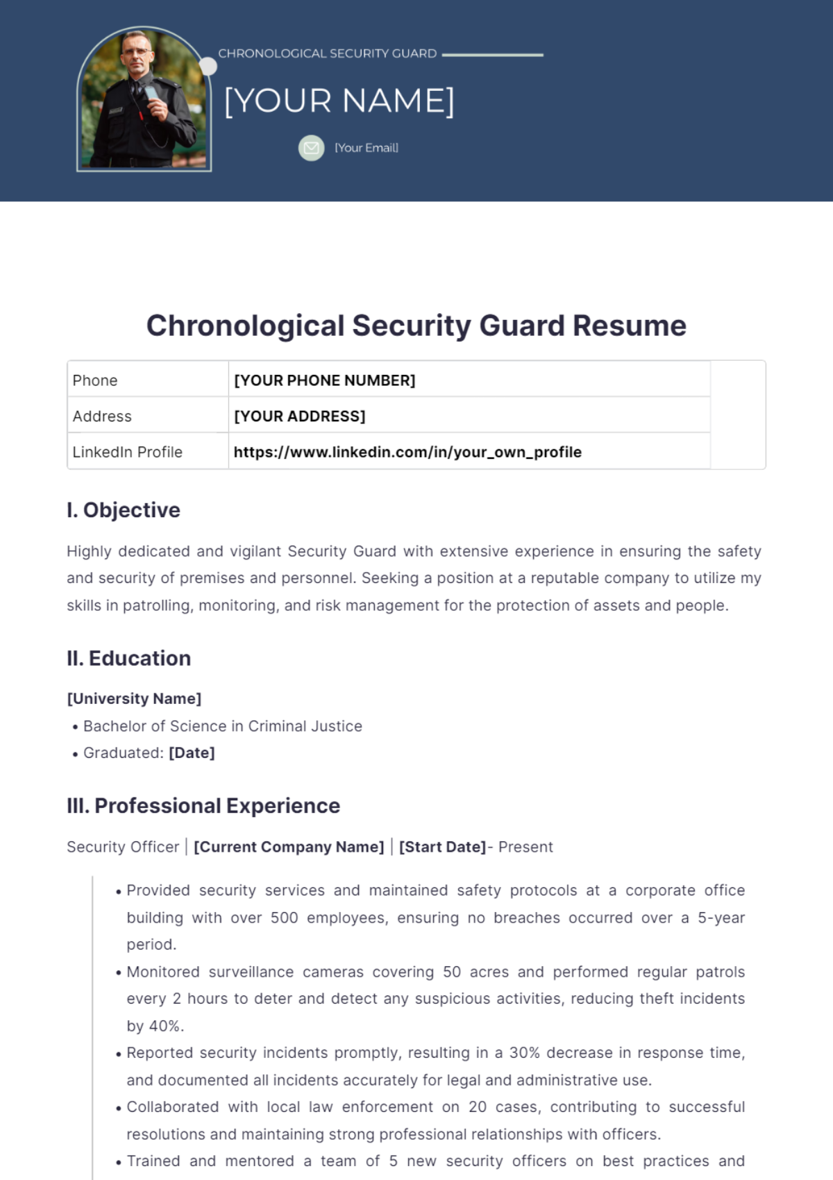 Chronological Security Guard Resume - Edit Online & Download