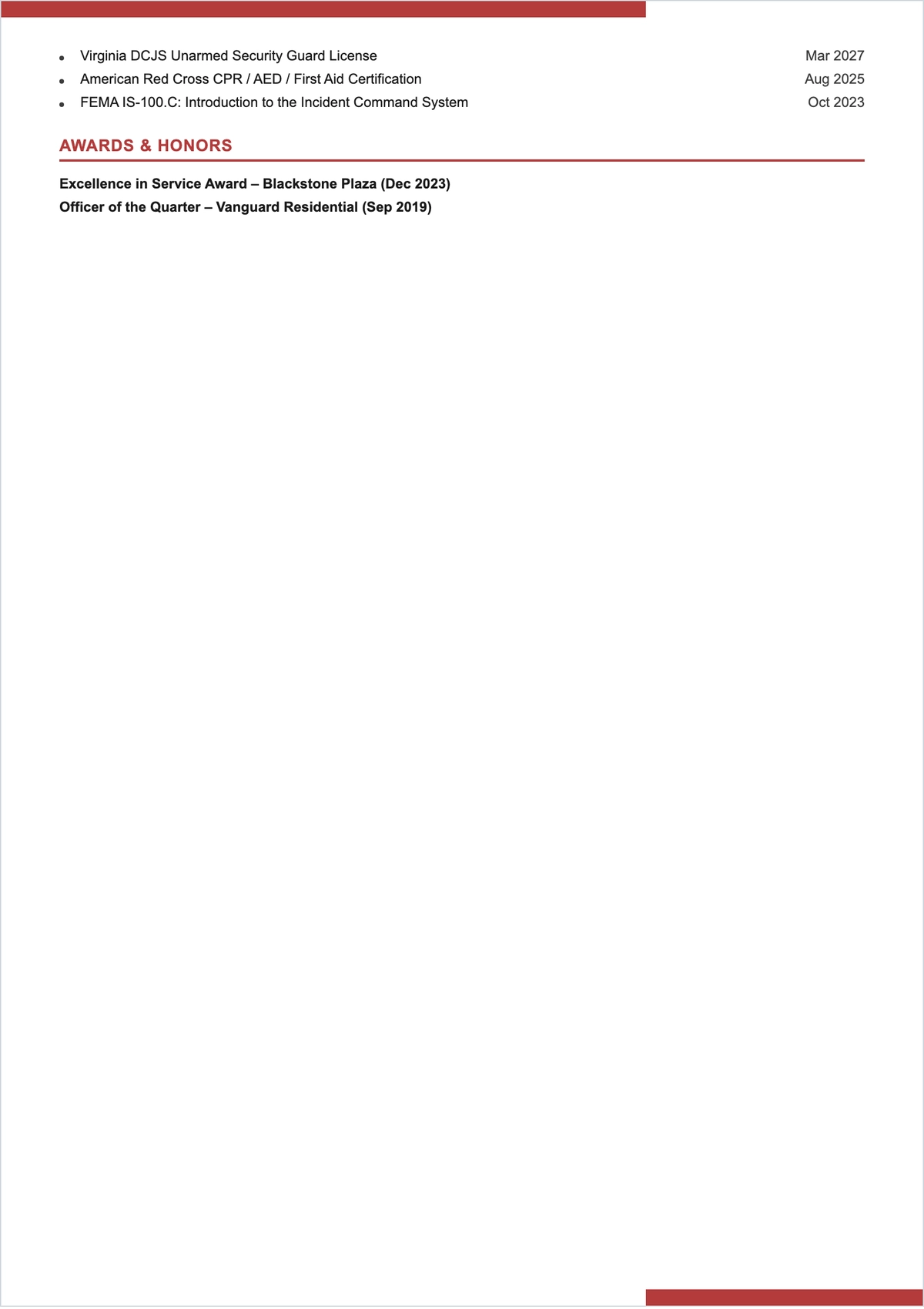 Free Chronological Security Guard ATS Resume Template
